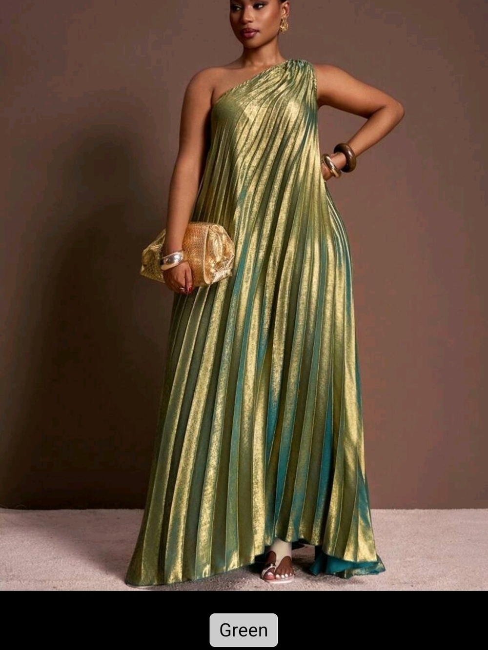 SHEIN Pleated One-Shoulder Maxi Dress, Green, XL